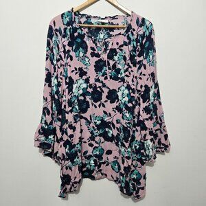J Jill Womens Purple Floral Y Neck Tunic Top Sz 4X Boho Bell Sleeve Office Fairy